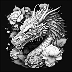 White asian dragon on a black background. Chinese art. 2024 calendar symbol. Print for a T-shirt. Detailed. Illustration generated AI.