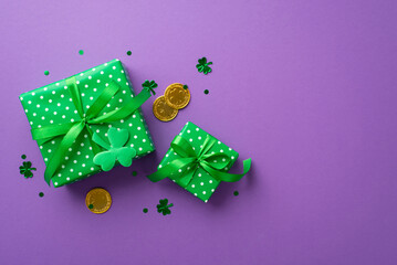Saint Patrick's Day concept. Top view photo of green gift boxes with bows gold coins and trefoil shaped confetti on isolated lilac background