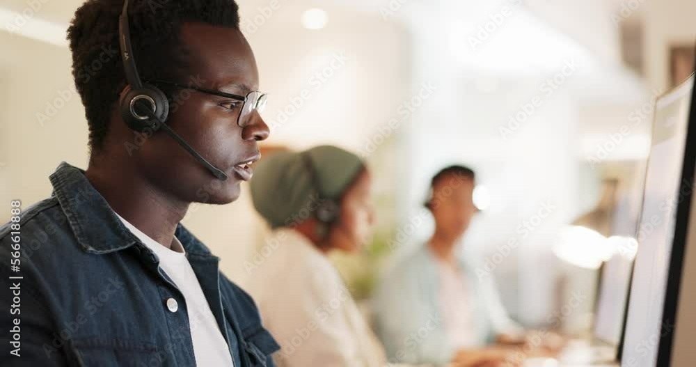 Poster Call center, black man and consulting on computer for customer advisory, telemarketing and crm. Salesman, consultant and online technology in telecom office for client support, web help and questions