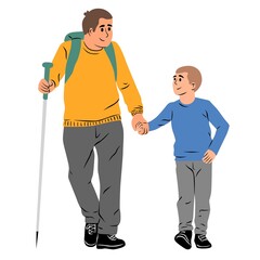 Père et fils en randonnée, activité de plein air, marche, homme et enfant