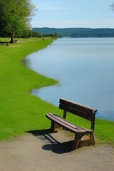 Obraz premium bench on the lake after rian - generative ai