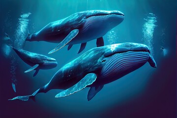Naklejka premium Generative AI illustration of family blue whale under water, ocean
