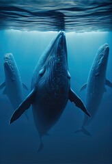 Generative AI illustration of family blue whale under water, ocean