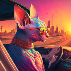 Colorful cat in sunset city
