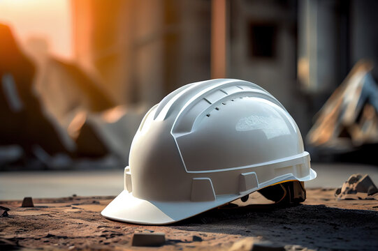 White safety helmet or hardhat, construction worker PPE. Generative AI.


