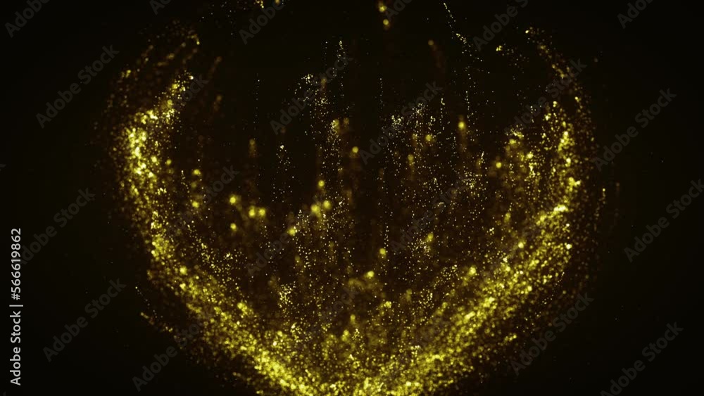 Poster abstract gold particles rising background/ 4k animation of an abstract 3d rendered background of bur
