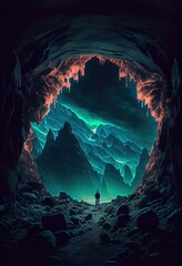 Generative Ai illustration of a realm of glow in the dark mountains in a huge cave made of black brutalistic concrete