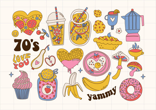 Set of yammy food and drinks in retro 70s groovy style . Colection of healthy and jank food. Sweet bevegares and cookies, lamonade and coffee. Vector contour hand drawn illustration.