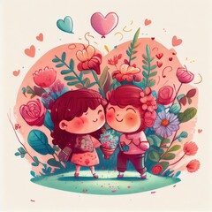 Obraz na płótnie Canvas Generative Ai illustration of An adorable and endearing cartoon character for Valentine's Day, love, hearts, flowers, romance, happy, cheerful, joyful, fun, playful, lighthearted, sweet