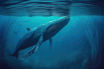 Generative AI illustration of Blue whale under water, ocean