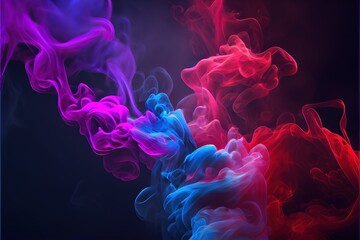 Generative AI illustration of Dramatic smoke and fog in contrasting vivid red, and purple, viva magenta colors. Vivid and intense abstract background or wallpaper.