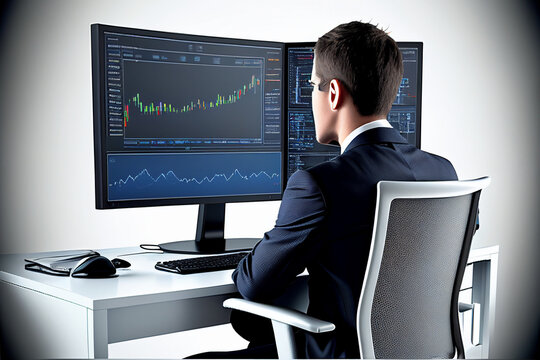 Trader sitting in front of computer screen, Trading stock market, Crypto or forex, Financial Markets, Asset management, Generative ai