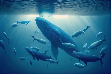 Naklejka premium Generative AI illustration of shoals of blue whales under water, ocean