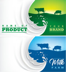 Template milk splash banner with cows on farm field