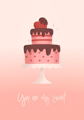 Beautiful  pink two tiered cake with heart on a stand illustration