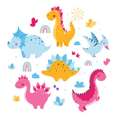 Set of cute dinosaurs, cute vector dinosaur illustrations, set of cartoon dinosaurs on white background, set of cartoon cacti, cute mountains