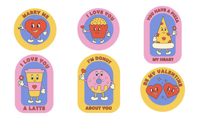 Cute cartoon sticker pack. Groovy characters: cupcake, heart, coffee, donut, heart. Love concept. Valentines day. Vector illustration in retro style.