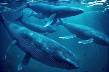 Fototapeta premium Generative AI illustration of shoals of blue whales under water, ocean