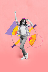 Vertical collage picture of excited cheerful black white effect girl enjoy dancing disco ball...