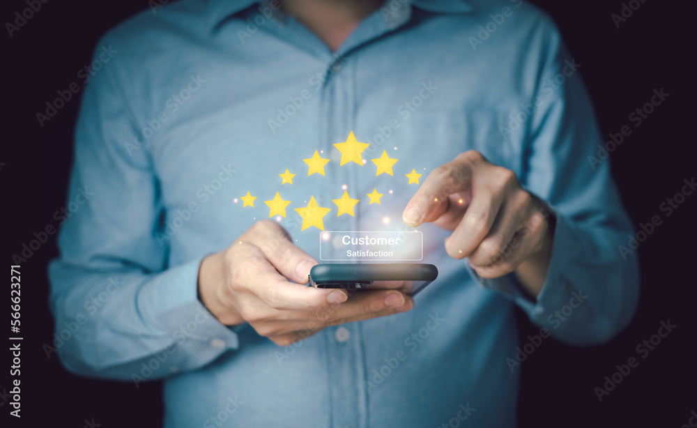 Poster customer experience smartphone users rate the service above expectations with a pop-up five-star ico