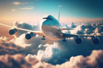 Naklejka na ściany i meble Airplane flying in the sky, Travel to destination, Large plane, Generative ai