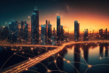 Smart city and communication network concept. Night city, neon lights, top view. AI