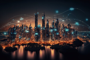 Smart city and communication network concept. Night city, neon lights, top view. AI