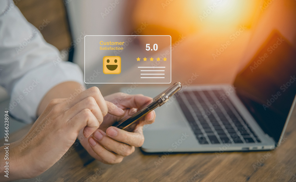 Poster customer experience smartphone users rate the service above expectations with a pop-up five-star ico