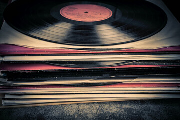 stack of vinyl records with music - 566624088