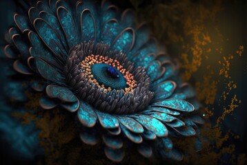 Otherworldly beautiful blooming flower with magical glow and impossibly vibrant color hues, alien planet exotic and imaginative flora - generative AI illustration. 