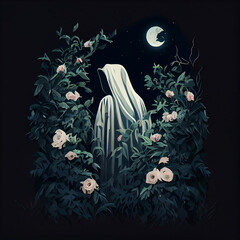 Grim Reaper surrounded by Foliage and Roses. Dark sky and the Moon.