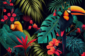 Generative AI illustration of tropical pattern with jungle vegetation and exotic fauna in bright colors.