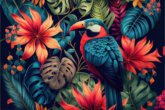 Generative AI illustration of tropical pattern with jungle vegetation and exotic fauna in bright colors.