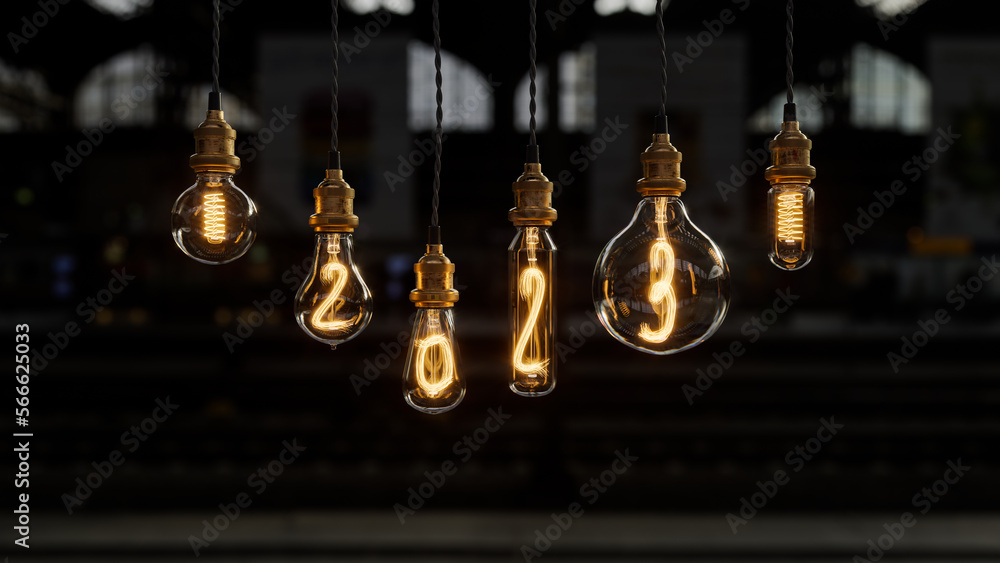 Poster light bulb background. edison light bulb. 2023 year. 3d rendering