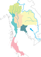 Map of Thailand includes regions including Mekong River, Mun, Chi, Chao Phraya, Ping, Wang, Yum, Nan River and borderline countries Myanmar, Laos, Cambodia, Vietnam, Gulf of Thailand, and Andaman Sea