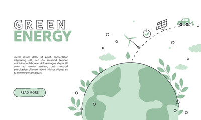 The concept of green energy, environmental management. Save the planet. Earth, use of alternative energy. Vector flat linear illustration, web banner