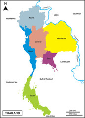 Map of Thailand includes borderline countries Myanmar, Laos, Cambodia, Vietnam, Gulf of Thailand,...