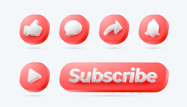 3d icon set Like, Comment, Share, notification, and Subscribe Button design