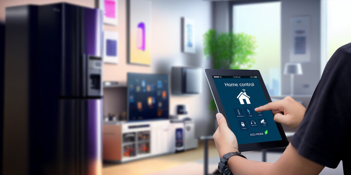 hands holding smart digital tablet  with app smart home on blurred living room as background