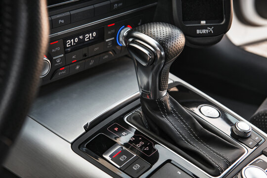 Gear shifter in interior of  exclusive  AUDI A6 S Line (C7), 3.0 TDi, V6, Turbo diesel, quattro  (245 h.p.), 2016 year model. Switzerland, Bern - AUGUST 10, 2020.