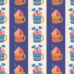 Seamless pattern. Vector design with cups, mugs. Suitable for Valentine's Day, for paper, cover, fabric, indoor decor, wallpaper and more.