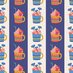 Seamless pattern. Vector design with cups, mugs. Suitable for Valentine's Day, for paper, cover, fabric, indoor decor, wallpaper and more.