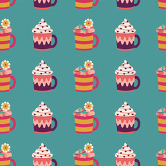 Seamless pattern. Vector design with cups, mugs. Suitable for Valentine's Day, for paper, cover, fabric, indoor decor, wallpaper and more.