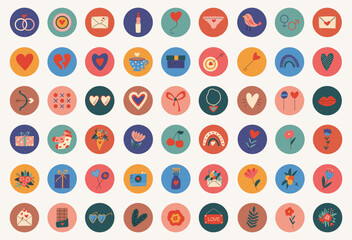 Set of colored icons for valentine's day. Flowers, hearts, envelopes, lips, gifts, candy, chocolate. Round icons on a white background.