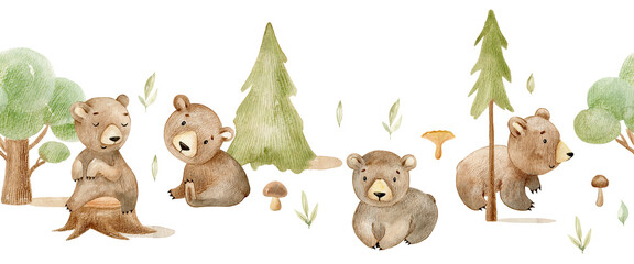 Watercolor cute seamless border with woodland bears. Hand drawn illustration for fabric, wrapping paper, etc.