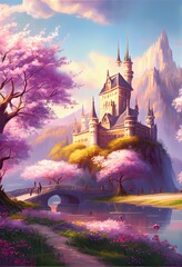 Generative AI illustration of magical land of enchanted forests, castle, sparkling waterfalls and lush meadows, lake and fairy tail