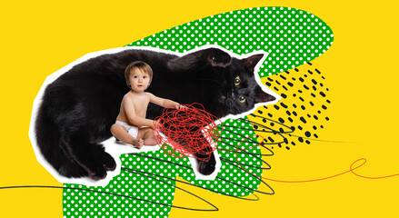 Creative art collage. Little boy, toddler in diapers sitting and playing with big calm black cat over bright yellow background. Concept of childhood, emotions, happiness, pets, domestic animals