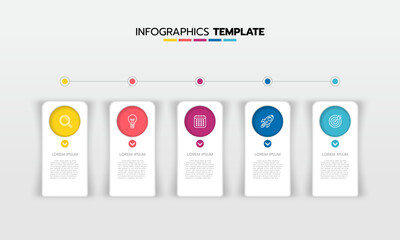 Business infographic template process with simple geometry square, rectangle, circle, triangle, curves in flat design template with thin line icons and 5 options or steps. Vector illustration.