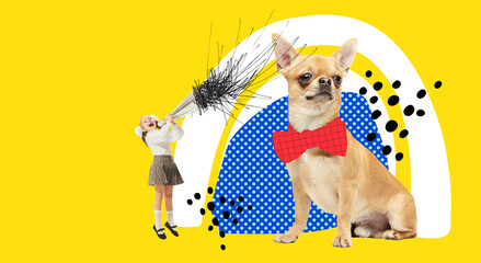 Creative art collage. Little girl in school uniform shouting in megaphone, playing with small dog over bright yellow background. Concept of childhood, emotions, happiness, pets, domestic animals