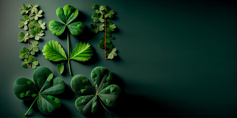 St. Patricks Day background with Shamrocks and Clovers from above, Generative AI